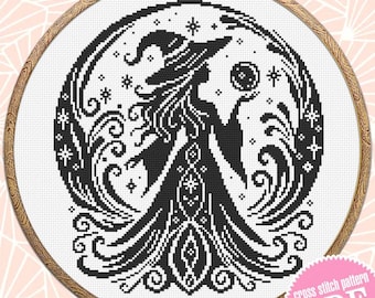 Halloween witch cross stitch pattern PDF download Mystical cross stitch chart, Monochrome magic pattern digital PDF Witchy crystal ball #H79