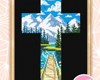 Christliches Kreuz mit Naturlandschaft Kreuzstichmuster PDF download Silhouette Kreuzstichmuster digital, Seedock Kreuzstichvorlage #X20