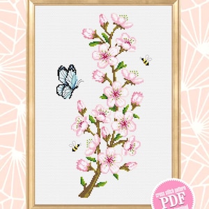 桜の枝のクロスステッチパターン PDF ダウンロード 春の花のクロスステッチチャート、花柄デジタル PDF、桜の花 #P54