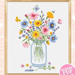 Wildflower bouquet cross stitch pattern PDF download Watercolor wildflowers cross stitch, Wild flowers in mason jar pattern digital PDF #P56