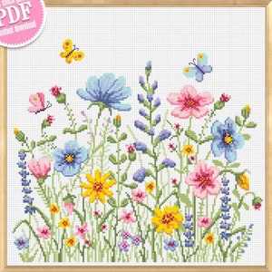 Wilde bloemen kruissteekpatroon pdf instant download aquarel kruissteekkaart, wilde bloemen patroon digitale pdf, bloemenweide #P51