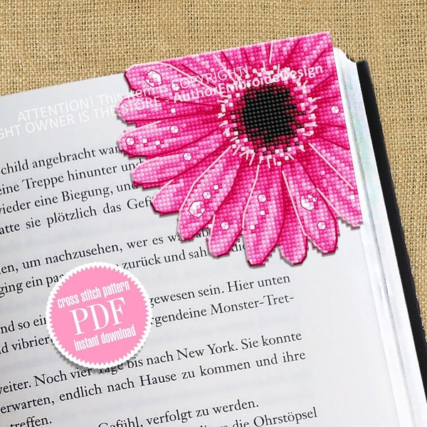 Gerbera Corner bookmark cross stitch pattern PDF download Pink flower cross stitch chart, Flower bookmark for women Floral pattern PDF #B257