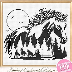 Horse cross stitch pattern PDF download Horse silhouette cross stitch chart, Monochrome nature pattern digital, Gift for horse lover #L84