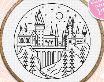 Wizard school blackwork pattern PDF instant download Magic castle backstitch chart, Fantasy Wizarding world for hand embroidery #C11