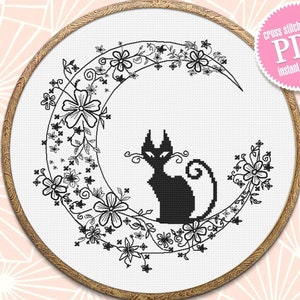Black Cat cross stitch pattern PDF instant download Crescent moon backstitch chart, Flower moon pattern digital, Cat lover gift #K91