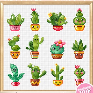 May include: A cross stitch pattern featuring 12 different cute cactus designs in pots. The cacti are green and have smiling faces. The pots are various colors, including pink, yellow, and brown. The pattern is labeled "cross stitch pattern PDF instant download".