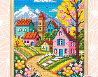 Spring houses cross stitch pattern PDF download Nature landscape cross stitch chart, Flower village pattern digital PDF, Home decor #L18