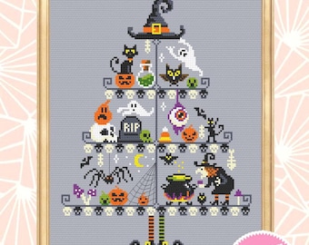 May include: A cross stitch pattern featuring a Halloween-themed tree with a witch, a cauldron, bats, spiders, pumpkins, ghosts, and other spooky elements. The pattern is available as a PDF instant download.