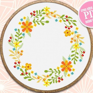 Flower wreath cross stitch pattern PDF download Floral frame cross stitch chart, Flower border hand embroidery, Flowers hoop art design #O39
