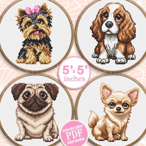 Dog breeds cross stitch pattern PDF download Set of 4 pet cross stitch chart, Needlepoint dog pattern digital PDF, 5 inch cross stitch #K69