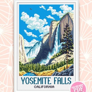Yosemite Falls Nationalpark Kreuzstichmuster PDF download Reiseposter Kreuzstichvorlage, Berglandschaft Stickmuster digitales PDF #L96