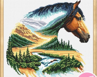 Padrão de ponto cruz de cavalo aquarela PDF download Gráfico de ponto cruz de paisagem natural, PDF digital de padrão de cavalo, presente para amante de cavalos # L82
