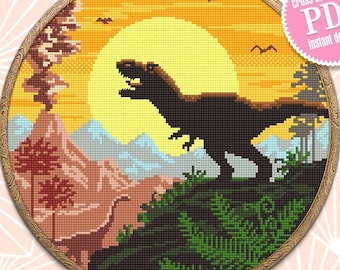 T-Rex Dinosaur cross stitch pattern PDF download Tyrannosaurus rex cross stitch chart, Dinosaur pattern digital PDF, Jurassic landscape #K81