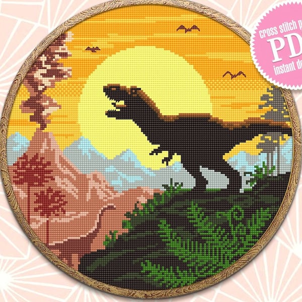T-Rex Dinosaurier Kreuzstich Stickmuster PDF download Tyrannosaurus Rex Kreuzstichvorlage, Dinosaurier Stickmuster digitale PDF, Jurassic Landschaft #K81