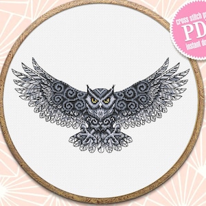 Owl cross stitch pattern download PDF Fantasy bird cross stitch chart, Owl embroidery PDF, Blackwork patterns, Gothic home decor #K84