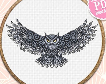 Owl cross stitch pattern download PDF Fantasy bird cross stitch chart, Owl embroidery PDF, Blackwork patterns, Gothic home decor #K84