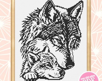 Mom and baby wolf cross stitch pattern PDf download Monochrome wolf silhouette cross stitch chart, Wolf pattern digital PDF, Home decor #K51