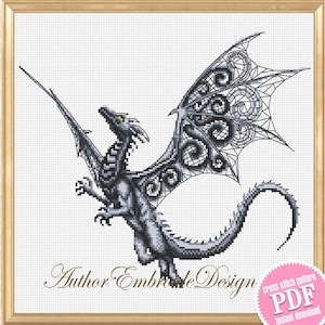 Dragon cross stitch pattern download PDF Fantasy animal cross stitch chart, Blackwork patterns Dragon embroidery PDF, Gothic home decor #K40