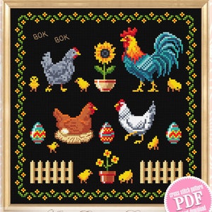 Hahn und Huhn Kreuzstich Stickmuster PDF download, Oster Stickmuster PDF, Stickmuster mit Küken für die Wand #T36