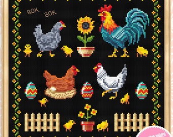 May include: Cross stitch pattern featuring a rooster, hens, chicks, and Easter eggs on a black background. The pattern includes the text "Bok Bok" and a sunflower.