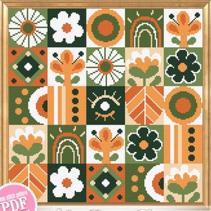 May include: A cross stitch pattern featuring a colorful geometric design with flowers, eyes, and rainbows. The pattern is in a square frame and is available as a PDF instant download. The text "Author Embroide Design" is at the bottom of the image.