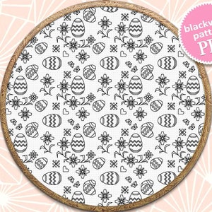 Paaseieren en bloemen blackwork-patroon pdf-download, naadloos paaspatroon digitale stiksteek herhalende kaart, paasborduurwerk #T46