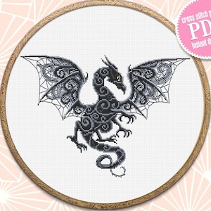 Dragon cross stitch pattern download PDF Fantasy animal cross stitch chart, Dragon embroidery PDF Blackwork patterns, Gothic home decor #K83