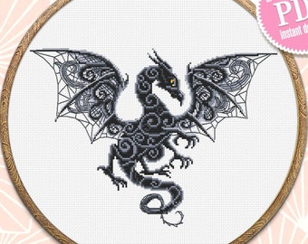 Dragon cross stitch pattern download PDF Fantasy animal cross stitch chart, Dragon embroidery PDF Blackwork patterns, Gothic home decor #K83