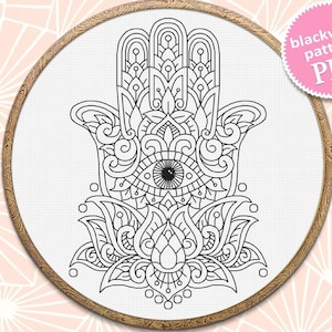 蓮の花模様のハムサの手（デジタル）手刺繍用PDF即時ダウンロード、ファティマの手のバックステッチチャート、ハムサチャーム#M298