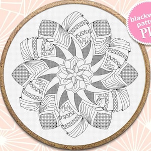Schema digitale Mandala geometrico per ricamo a mano in PDF con elementi blackwork, schema punto indietro Mandala download immediato #M291