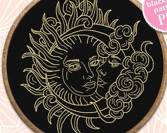 Sun and moon pattern digital for hand embroidery PDF Backstitch chart instant download, Mystical embroidery #O31