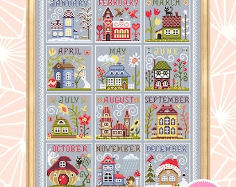 House calendar cross stitch pattern PDF download House seasons cross stitch chart, Cute house pattern digital PDF, Holiday cross stitch #T38