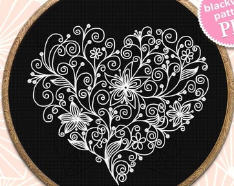 Heart with floral curls pattern digital for hand embroidery PDF instant download, Flower heart backstitch chart #P58