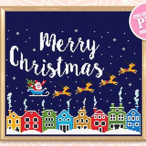 Merry Christmas cross stitch pattern PDF download Winter town cross stitch chart, Christmas pattern digital PDF, Christmas houses #N49