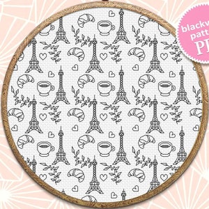 Paris sampler blackwork pattern PDF instant download Backstitch repeating pattern digital with Eiffel Tower and Croissant #O30