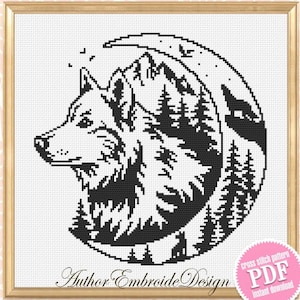 May include: Black and white cross stitch pattern of a wolf howling at the moon. The wolf is silhouetted against a forest scene. The pattern is available as a PDF instant download.