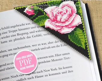 Corner bookmark cross stitch pattern PDF download Pink rose cross stitch chart Floral bookmark corner digital PDF Pink flowers pattern #B214