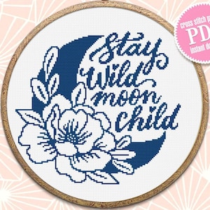 PDF-download met bloemenmaan kruissteekpatroon Blijf wilde maan kind kruissteekkaart, maanpatroon digitale pdf, maansikkel decor #Q51
