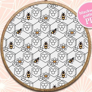 Bee geometric seamless pattern for backstitch embroidery instant download PDF, Honeycomb Backstitch repeating pattern digital #O29