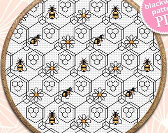 Bee geometric seamless pattern for backstitch embroidery instant download PDF, Honeycomb Backstitch repeating pattern digital #O29