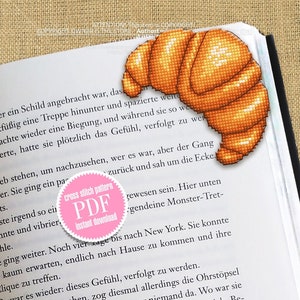 Corner bookmark cross stitch pattern PDF download Croissant cross stitch chart, Food bookmark digital PDF, Funny bookmark for beginner #B245