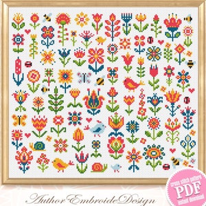 May include: A colourful cross stitch pattern featuring a variety of flowers, birds, and insects. The pattern is in a white frame with a pink background. The text "Author Embroide Design" is at the bottom of the image. The text "cross stitch pattern PDF instant download" is in a pink circle at the bottom right of the image.