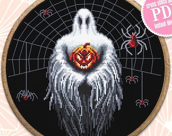 Gothic Halloween cross stitch pattern download PDF, Spooky ghost cross stitch chart, Halloween spider cross stitch, Scary halloween #H40