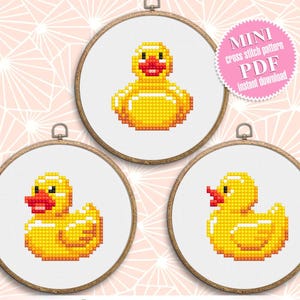 Set of 3 Mini rubber duck cross stitch pattern PDF download Bath duck cross stitch chart, Simple duck pattern digital PDF for beginners #K74