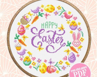 Easter wreath cross stitch pattern PDF download Happy Easter cross stitch chart, Pastel Easter pattern digital PDF, Easter wall decor #T32