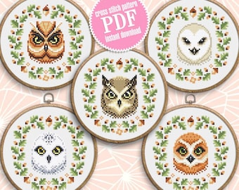 Set of 5 floral owl cross stitch pattern PDF instant download Woodland bird cross stitch chart for beginner, Owl pattern digital PDF #K93