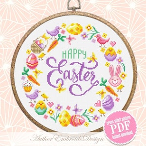 Easter wreath cross stitch pattern PDF download Happy Easter cross stitch chart, Pastel Easter pattern digital PDF, Easter wall decor #T32