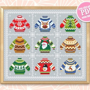 Kruissteekpatroon lelijke kersttrui download pdf-download kruissteekkaart kerstornament, kleine schattige trui, vakantiepatroon pdf #N91