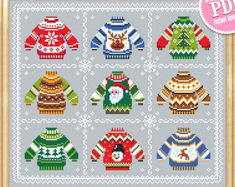 Ugly Christmas sweater cross stitch pattern download PDF Christmas ornament cross stitch chart, Small cute sweater, Holiday pattern PDF #N91