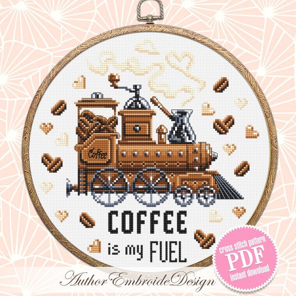 Funny Coffee quote cross stitch pattern PDF download Coffee is my fuel, Coffee Train cross stitch chart, Kitchen pattern digital PDF #Q58